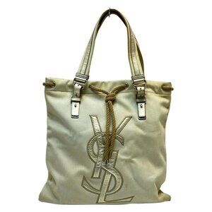 Auth YvesSaintLaurent rivegauche (YSL) Kahara 121631 Cream Gold Canvas Leather -